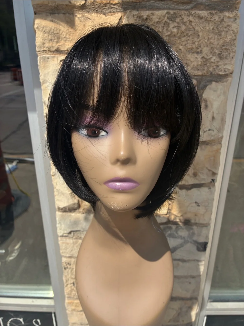 Hand stitched Black Short Layered Women's Wig with Bangs
